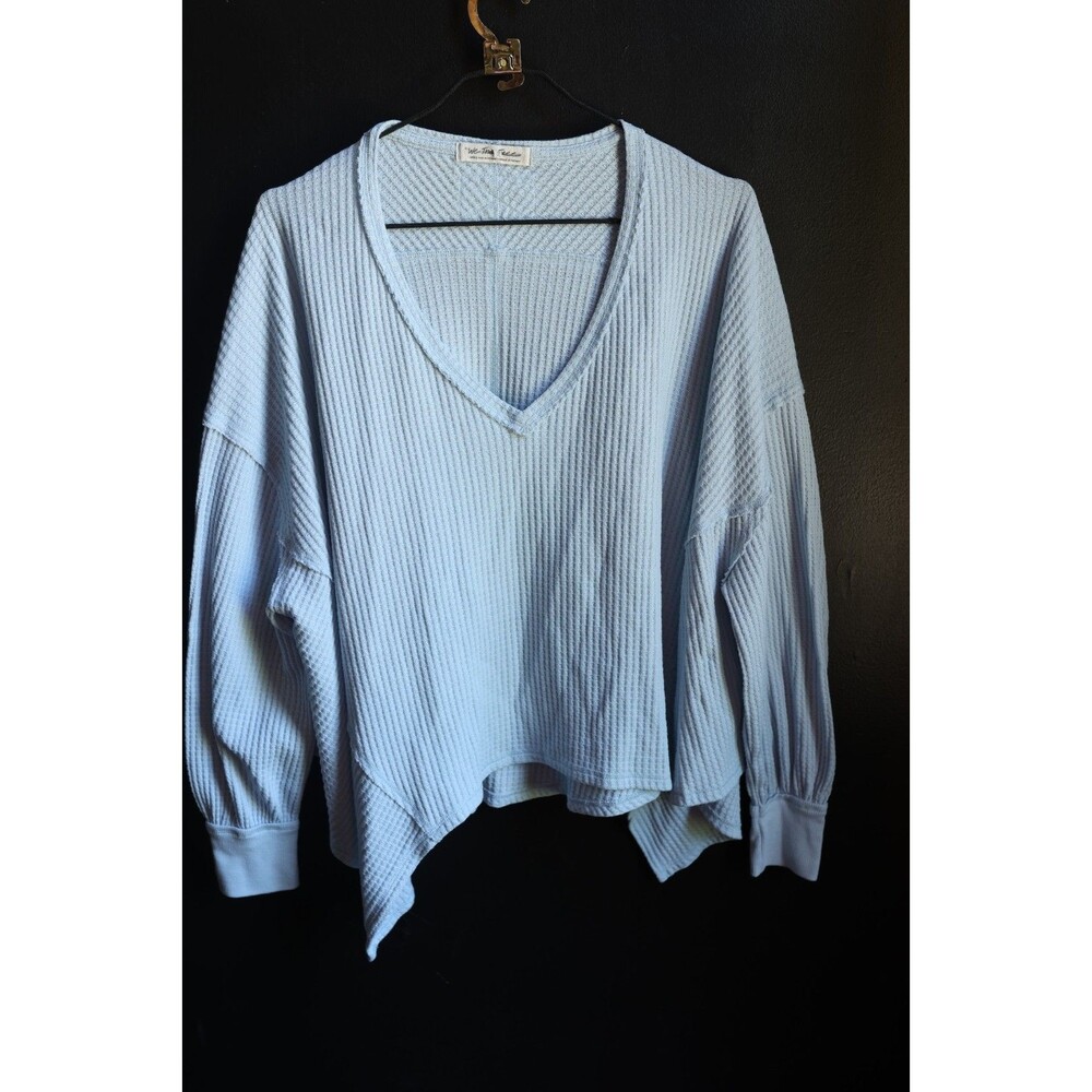 We The Free Light Blue Oversized V Neck Textured Waffle Knit Caroline Thermal